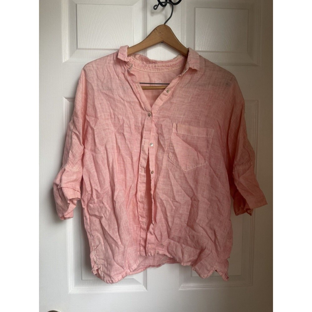 120% Lino Palest Pink Linen Boxy-fit Short Sleeve Button-Down Shirt Top 46